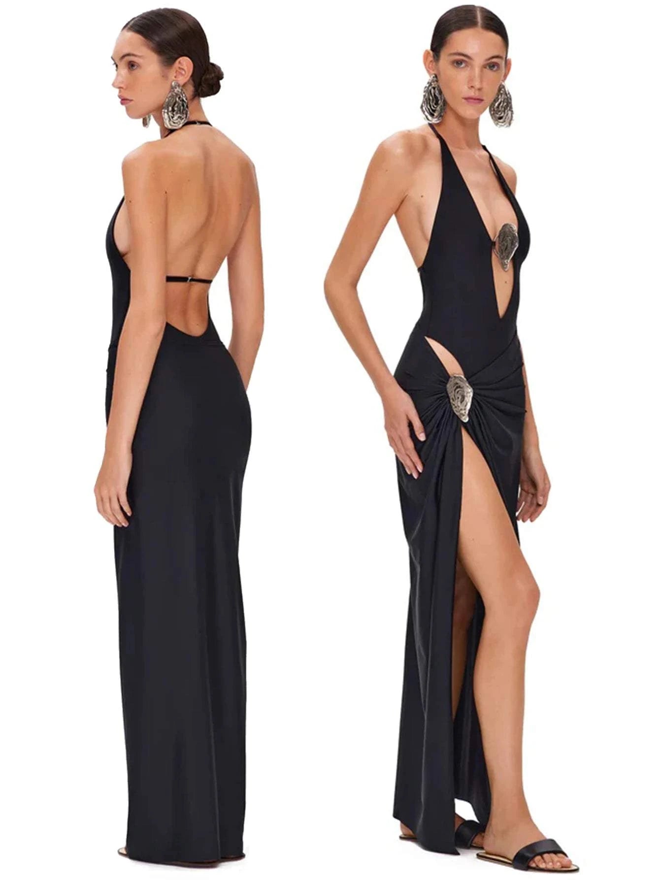 Woman wearing Sirena Deep-V Skirted Swim Set with deep V-neck and flowing skirt overlay at the beach