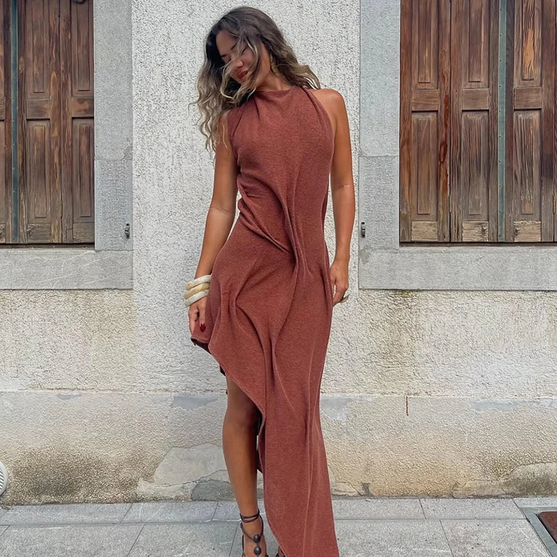 Calypso Halter Asymmetric Maxi Dress in Rust