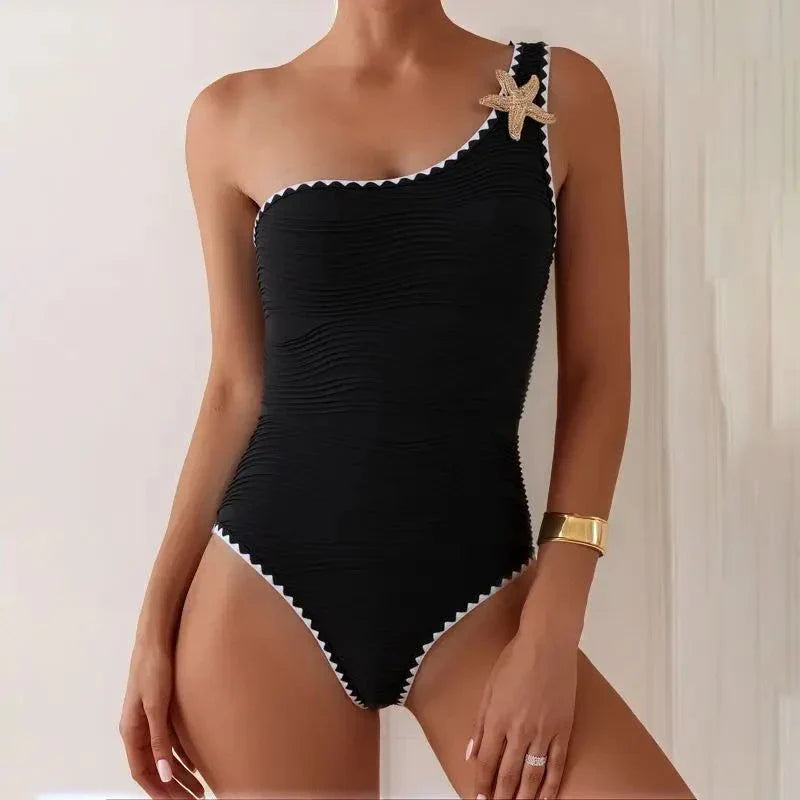 Yellow Shell-Detail one-shoulder swimsuit with sculpted design and sleek finish