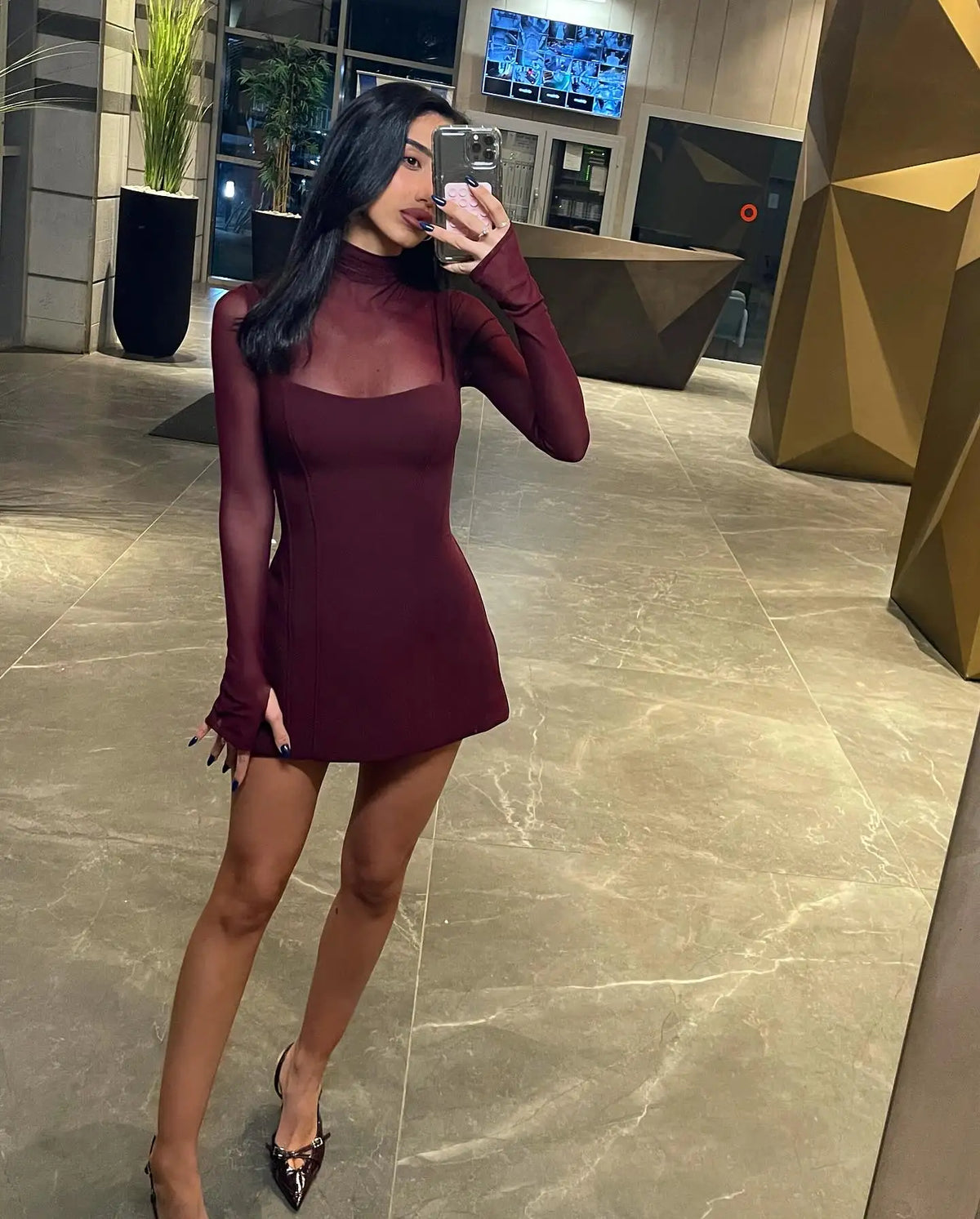 Amélie Sheer-Sleeve Mini Dress, view 5