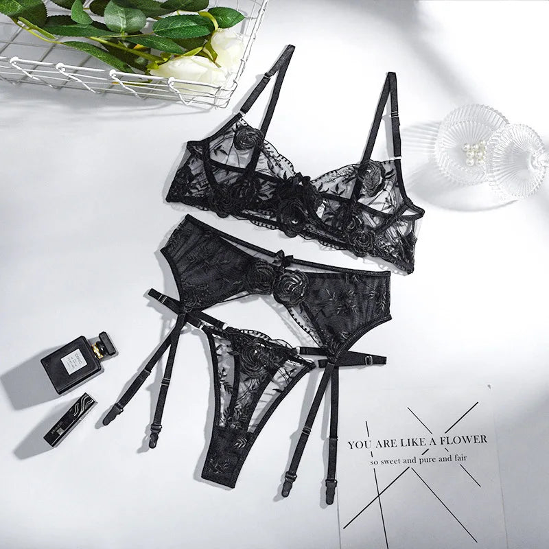 Noire Fleur Sheer Lace Bra Set — modeled view
