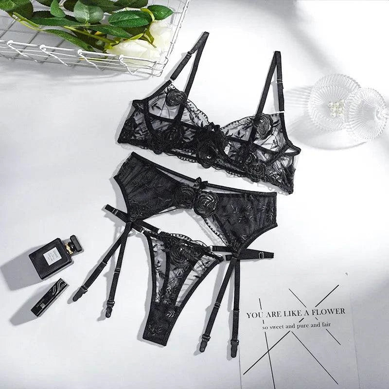 Noire Fleur Sheer Lace Bra Set — modeled view