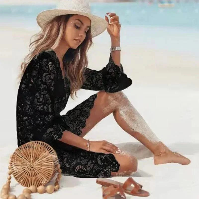 Isla Crochet Beach Mini Dress — styled on beach