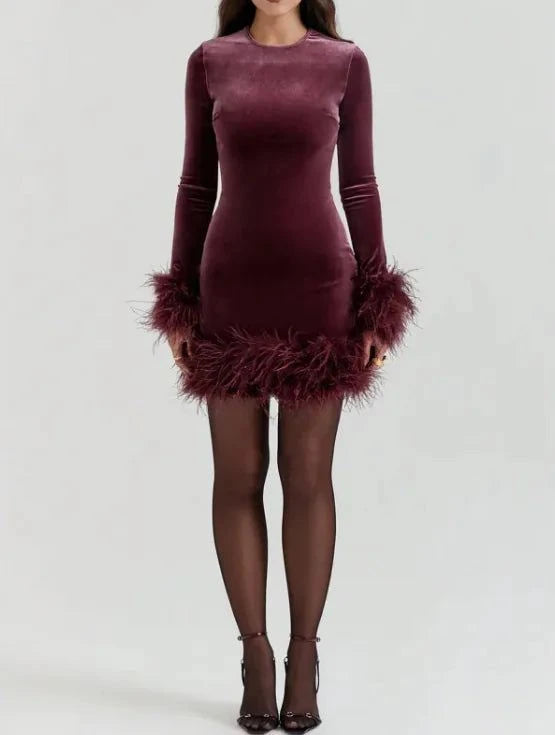 Feather patchwork mini dress with slim fit long sleeves and crew neck for cocktail parties