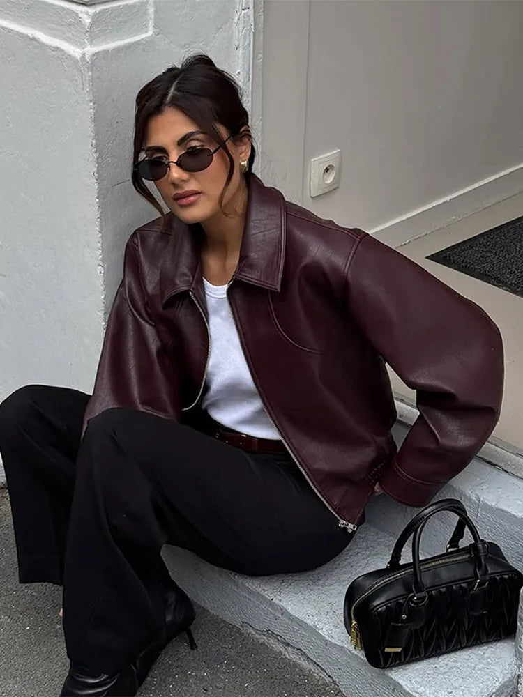 Roxane Faux-Leather Jacket: Burgundy Bomber