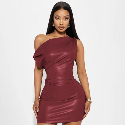 Vesper Faux-Leather Party Dress, Draped Mini, Wine