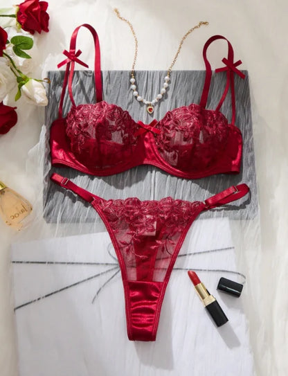 Violette Floral Embroidered Bra Set in Burgundy