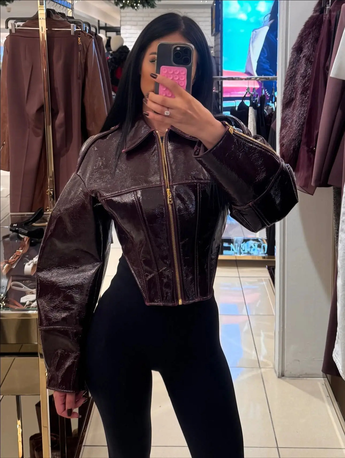 Roxane Faux-Leather Jacket: Wine Cropped