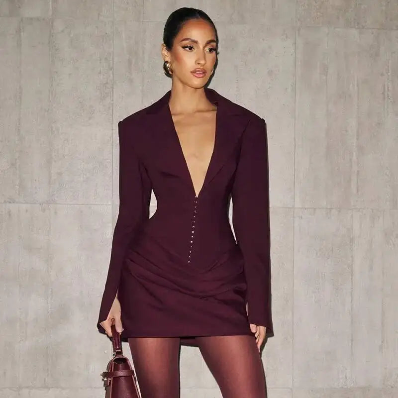 Odette Blazer Mini Dress, Corset Drape, Wine