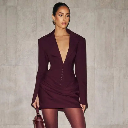 Odette Blazer Mini Dress, Corset Drape, Wine