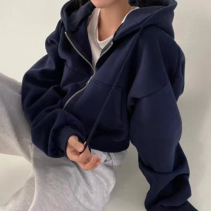 Juno Cropped Zip-Up Hoodie in Navy