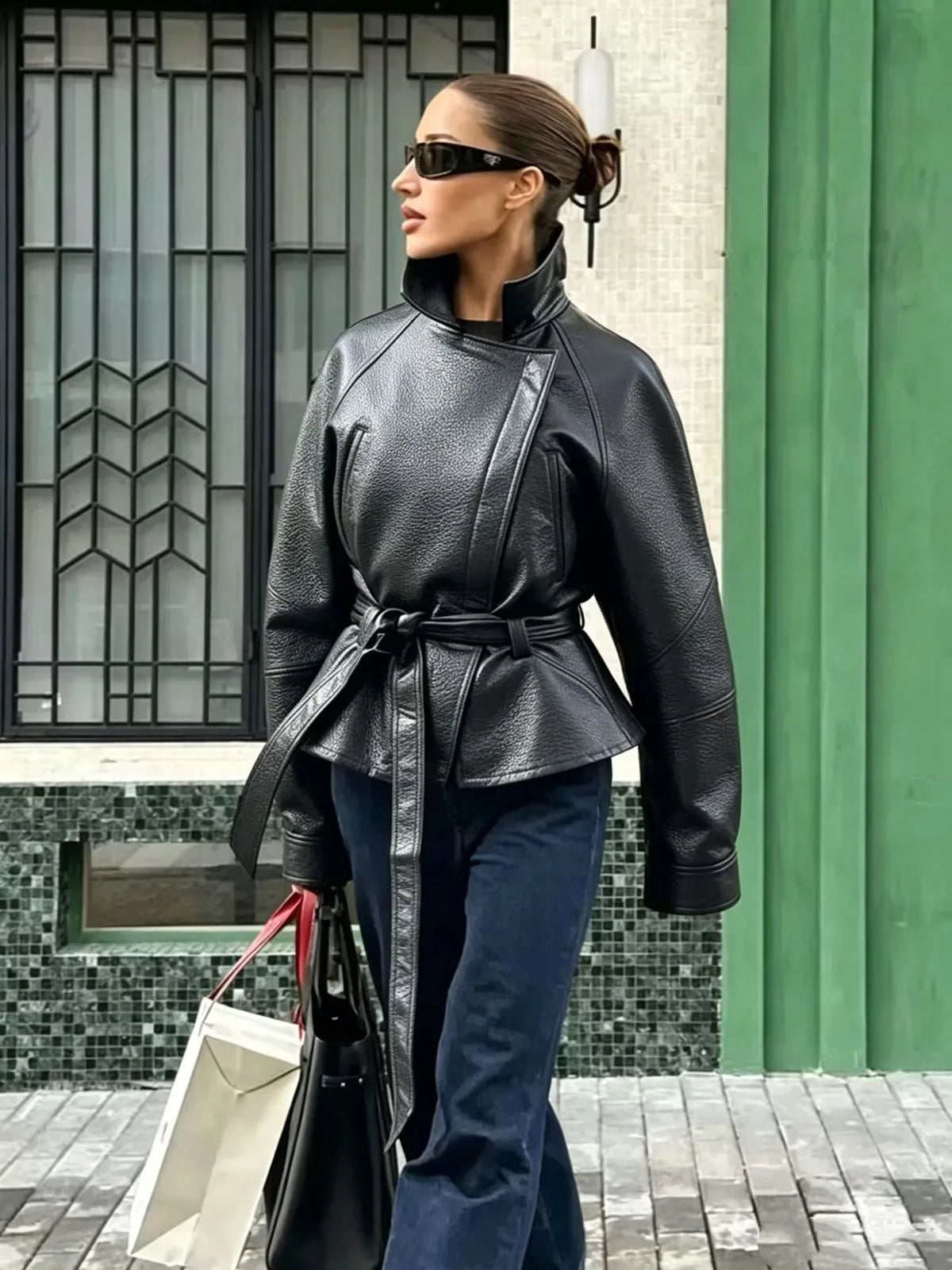 Roxane Faux-Leather Jacket: Black Belted