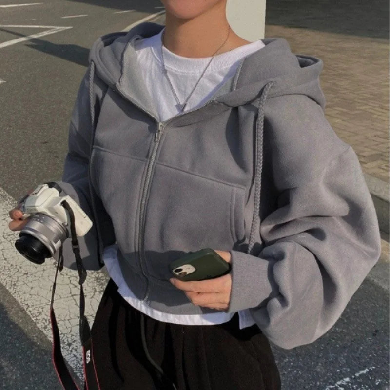 Juno Cropped Zip-Up Hoodie in Grey
