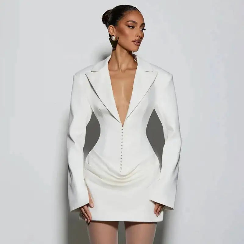 Odette Blazer Mini Dress, Corset Drape, White