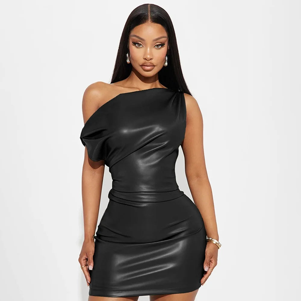 Vesper Faux-Leather Party Dress, Draped Mini, Black