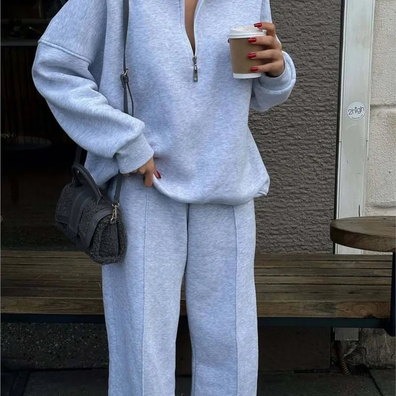 Elodie Half-Zip Lounge Set in Light Grey