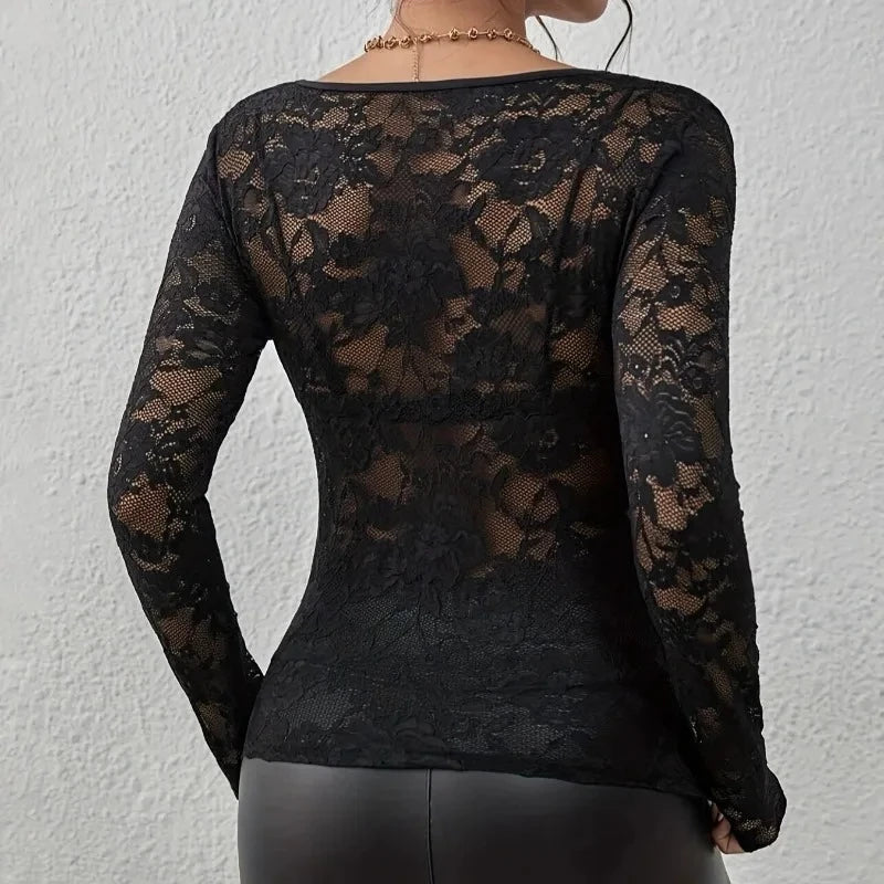 Ondine Lace V-Neck Long-Sleeve Top, view 3