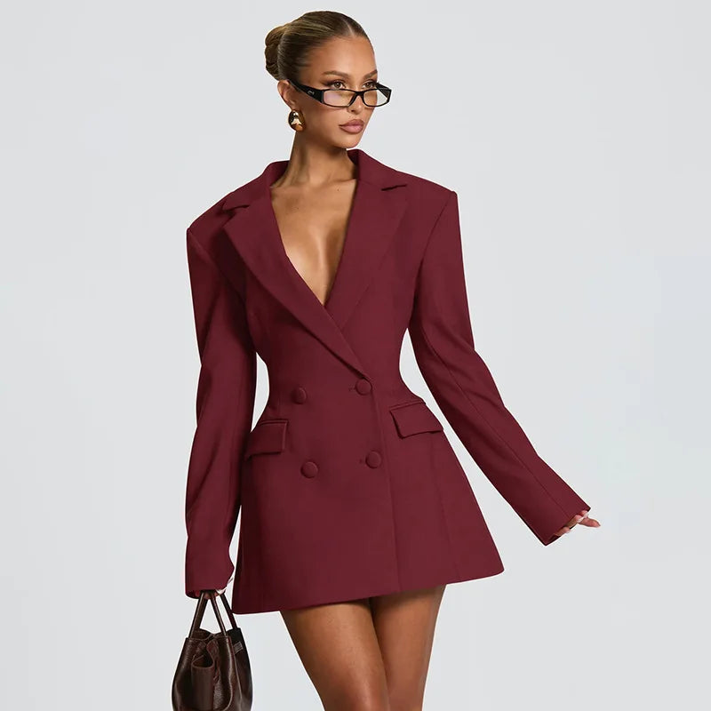 Odette Blazer Mini Dress, Double-Breasted, Wine
