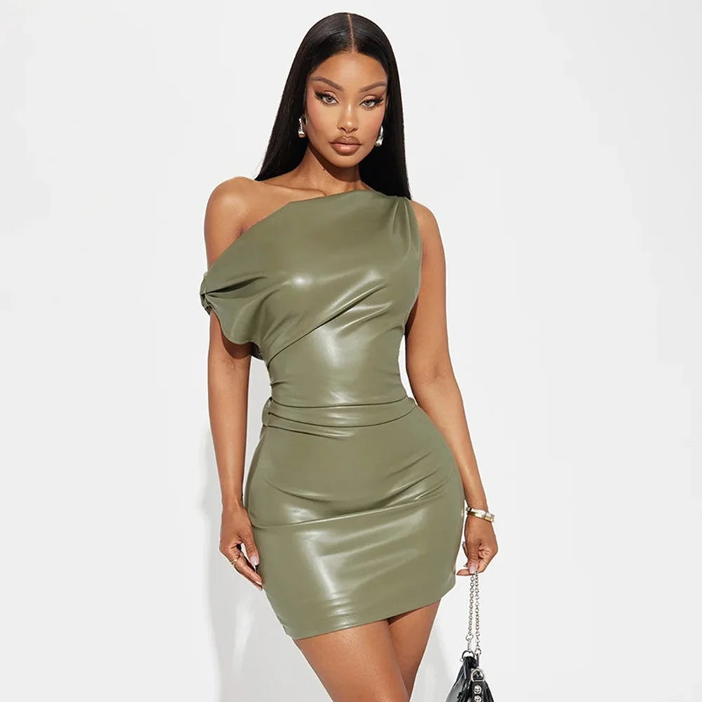 Vesper Faux-Leather Party Dress, Draped Mini, Olive