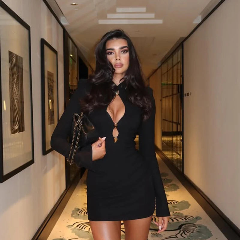 Noémie Keyhole Long-Sleeve Mini Dress in Black