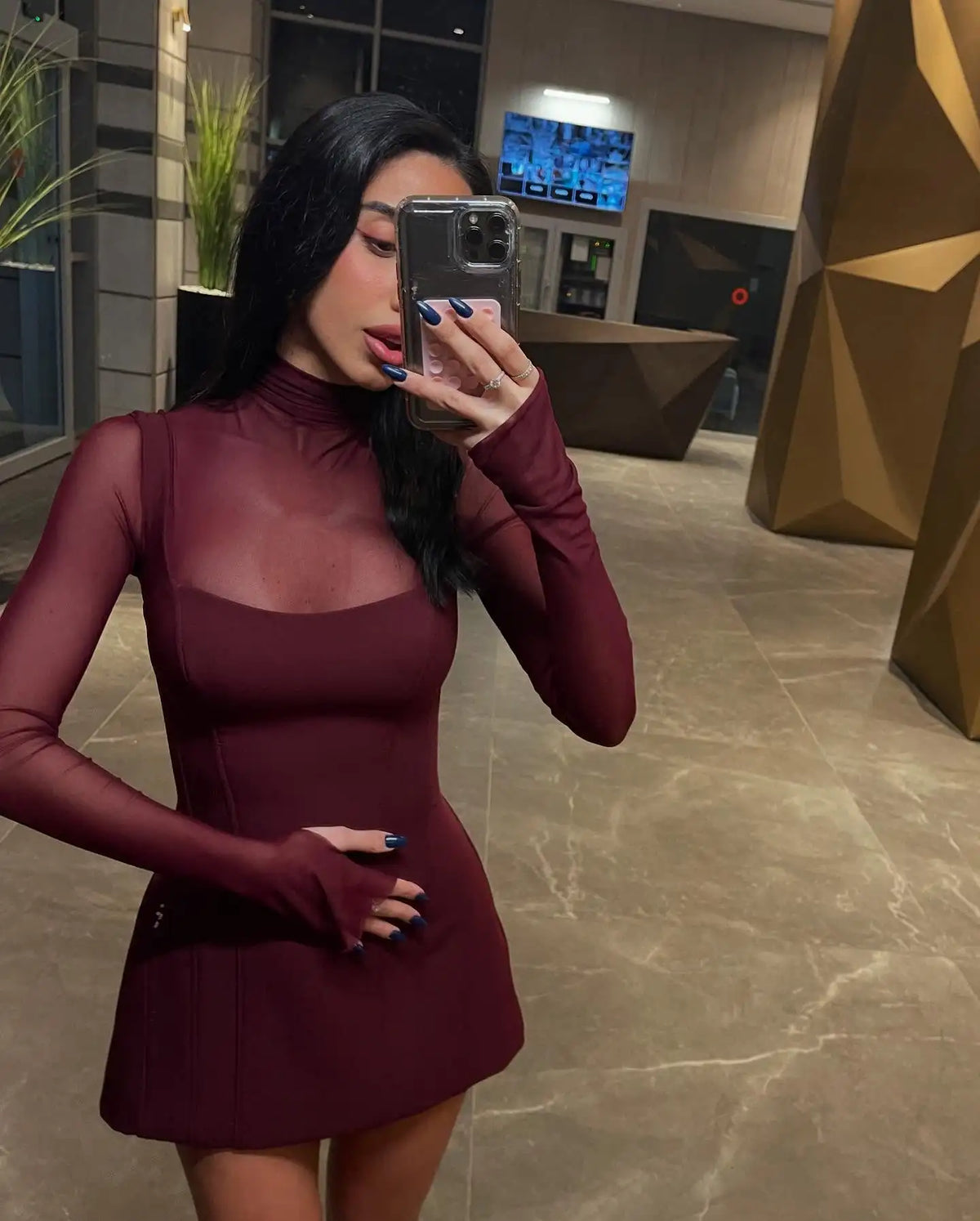 Amélie Sheer-Sleeve Mini Dress in Burgundy