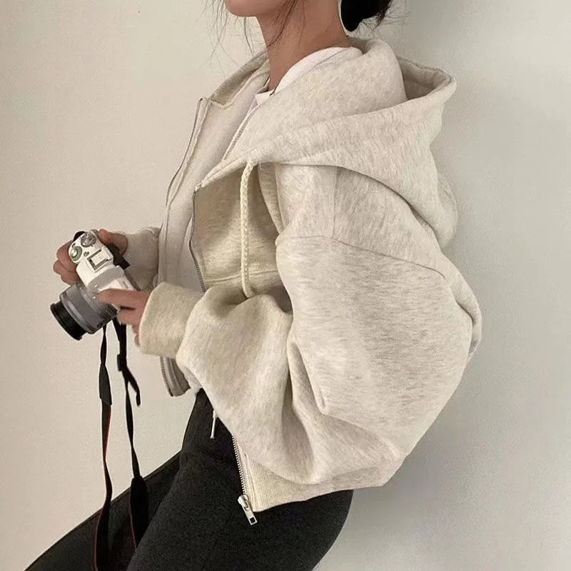 Juno Cropped Zip-Up Hoodie in Oatmeal
