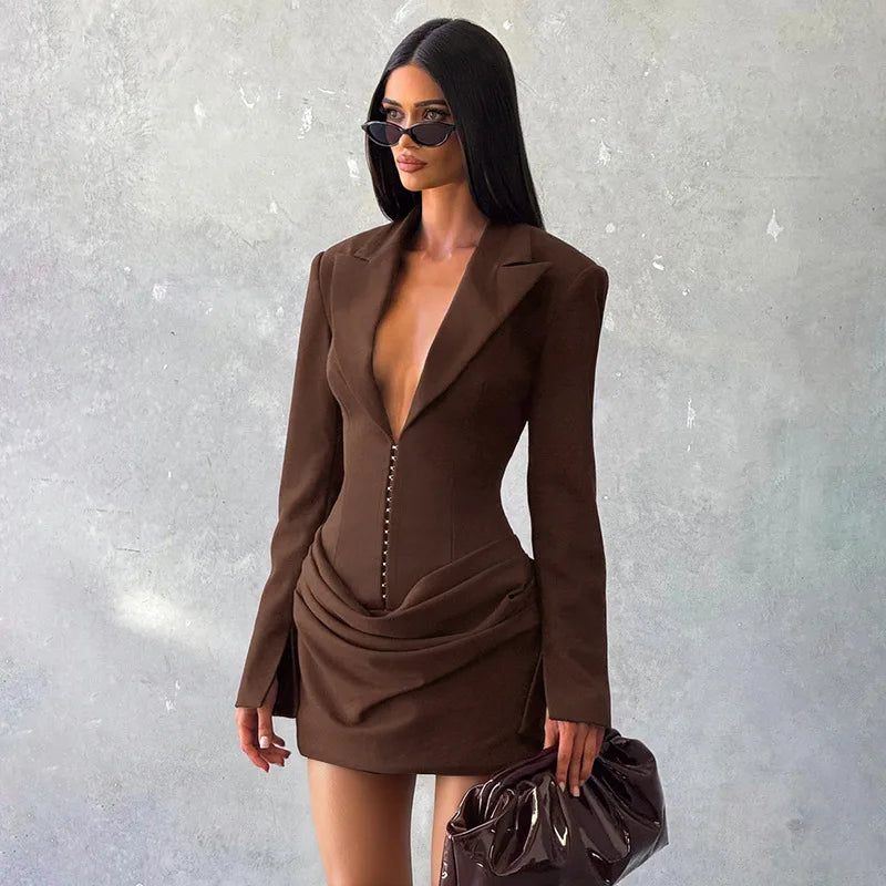 Odette Blazer Mini Dress, Corset Drape, Brown