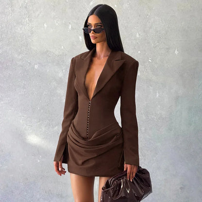 Odette Blazer Mini Dress, Corset Drape, Brown