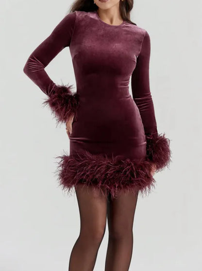 Feather Patchwork Mini Dress — hem detail