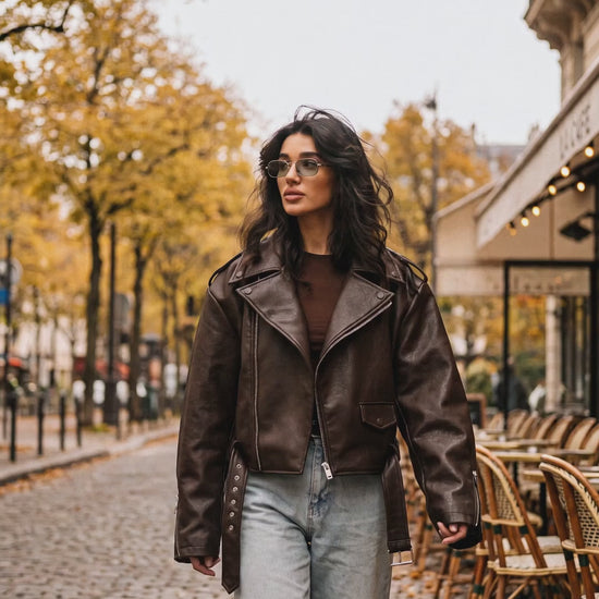 Roxane Faux-Leather Jacket on an autumn street
