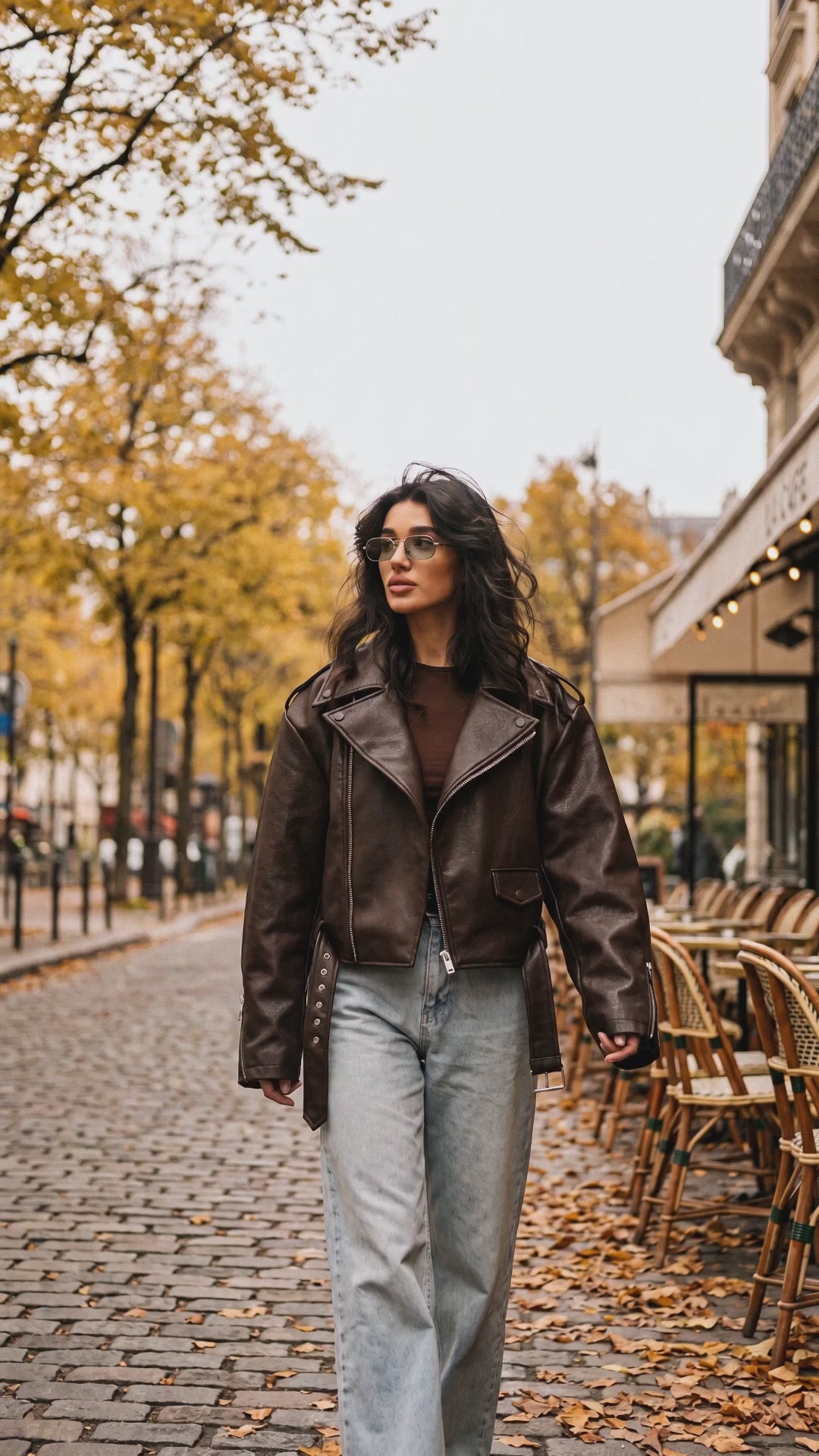 Roxane Faux-Leather Jacket on an autumn street