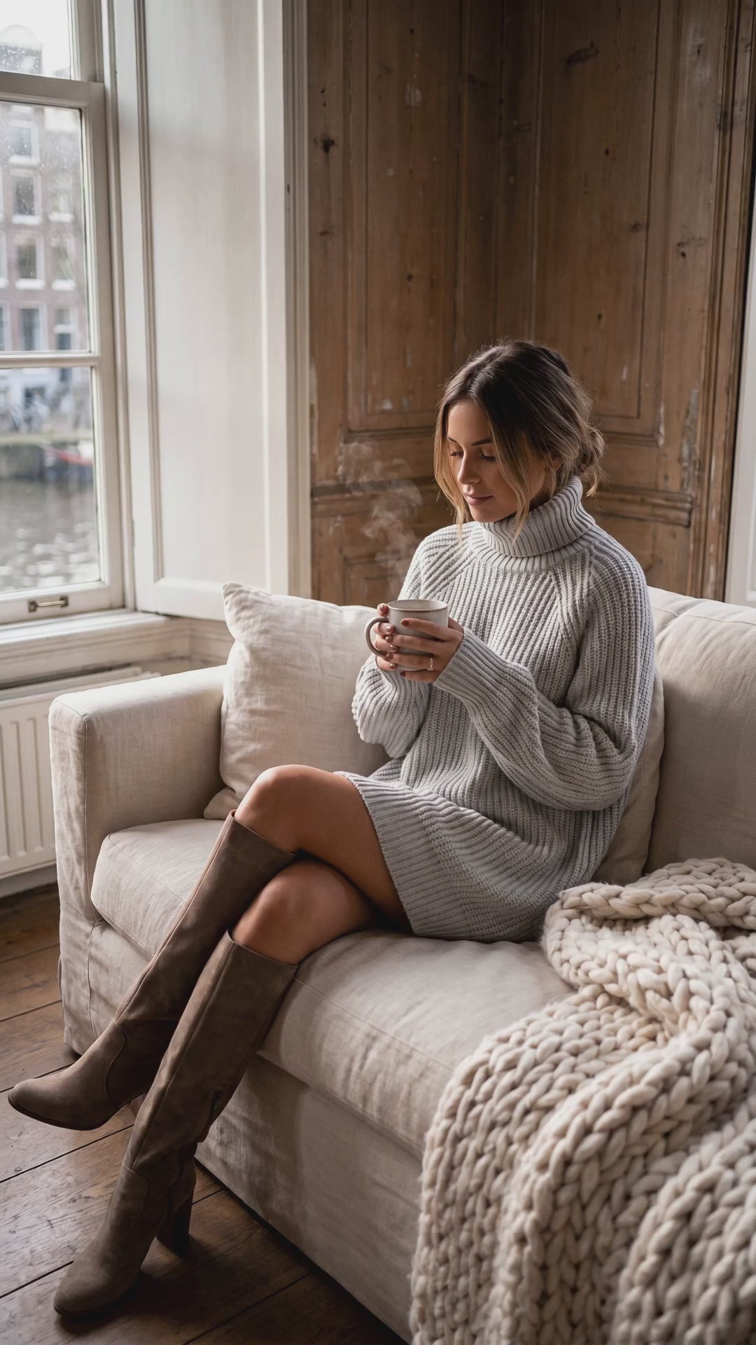 Maëlle Chunky Knit Sweater Dress by the window